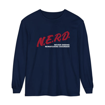 navy long sleeve shirt with red design that says nerd