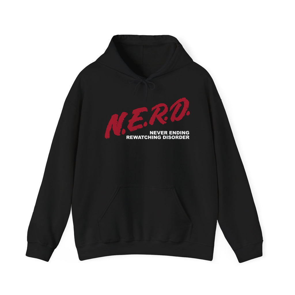 black hooded sweatshirt with red design that says nerd
