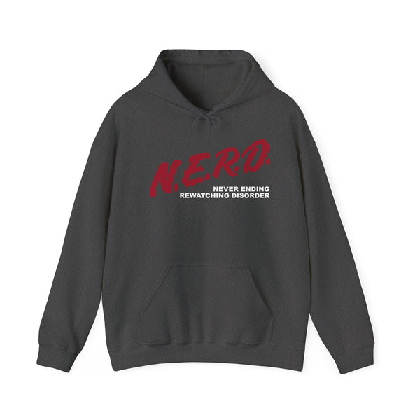 dark heather gray hoodie with red design that says nerd