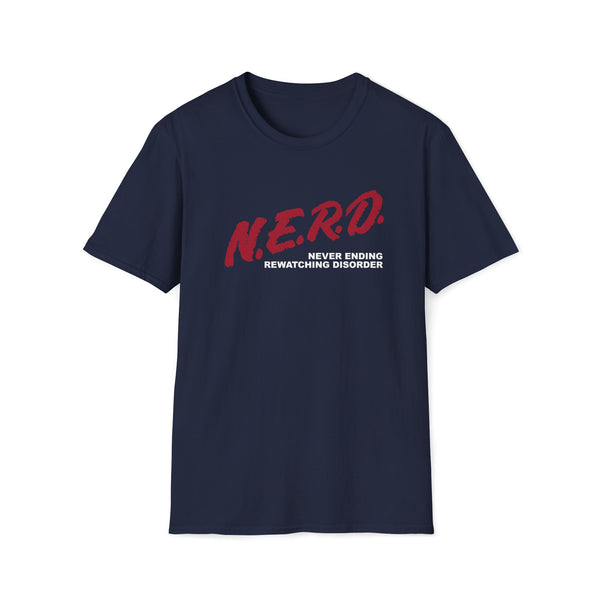 navy shirt with red design that says nerd
