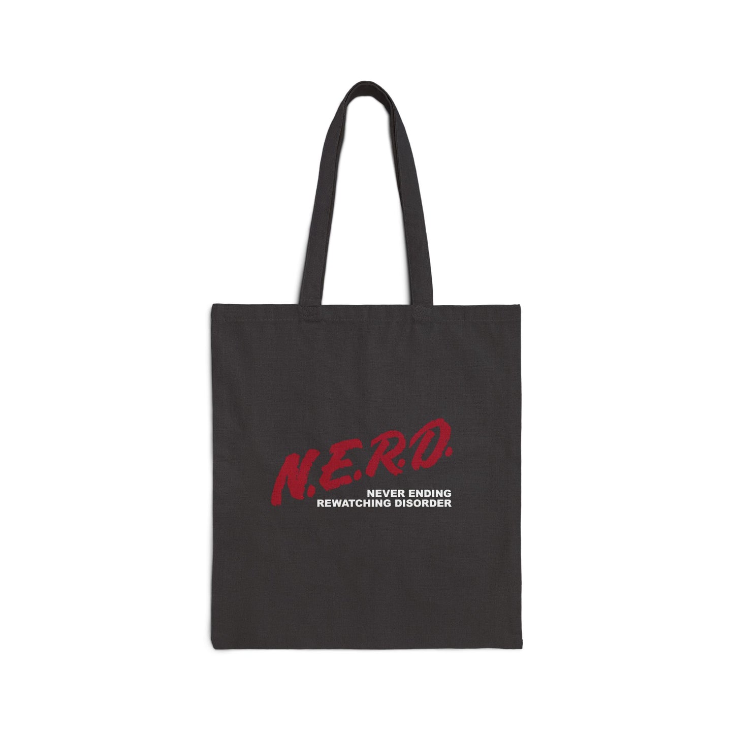 black tote bag with red design that says nerd