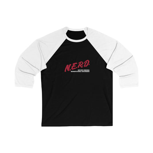 black baseball shirt with white sleeves and red design that says nerd