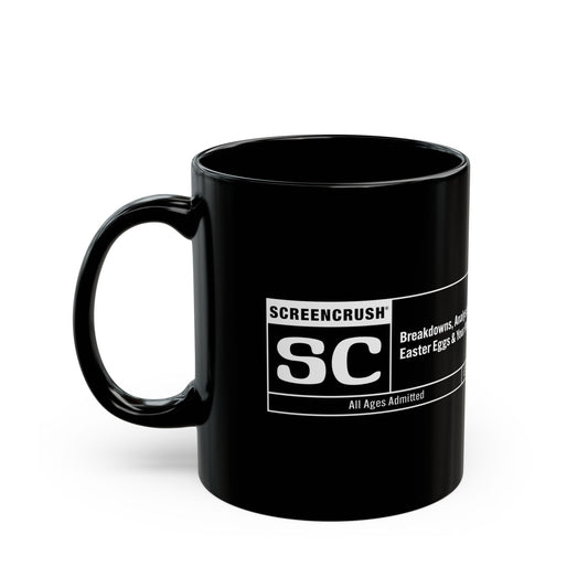 black coffee mug with SC rating design in white