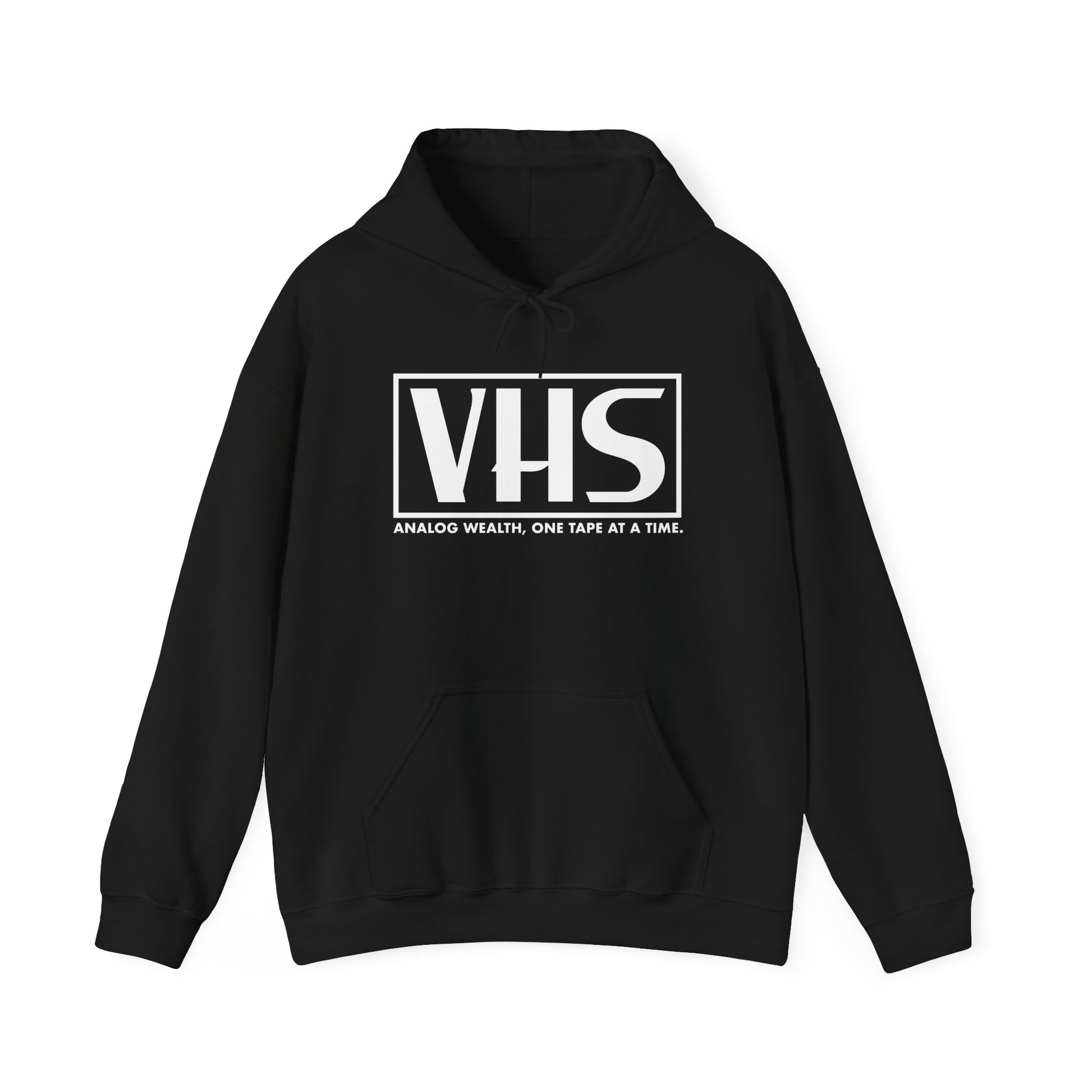 black hoodie featuring VHS analog wealth design in white
