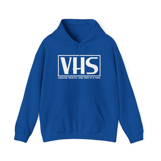 royal blue hoodie featuring VHS analog wealth design in white
