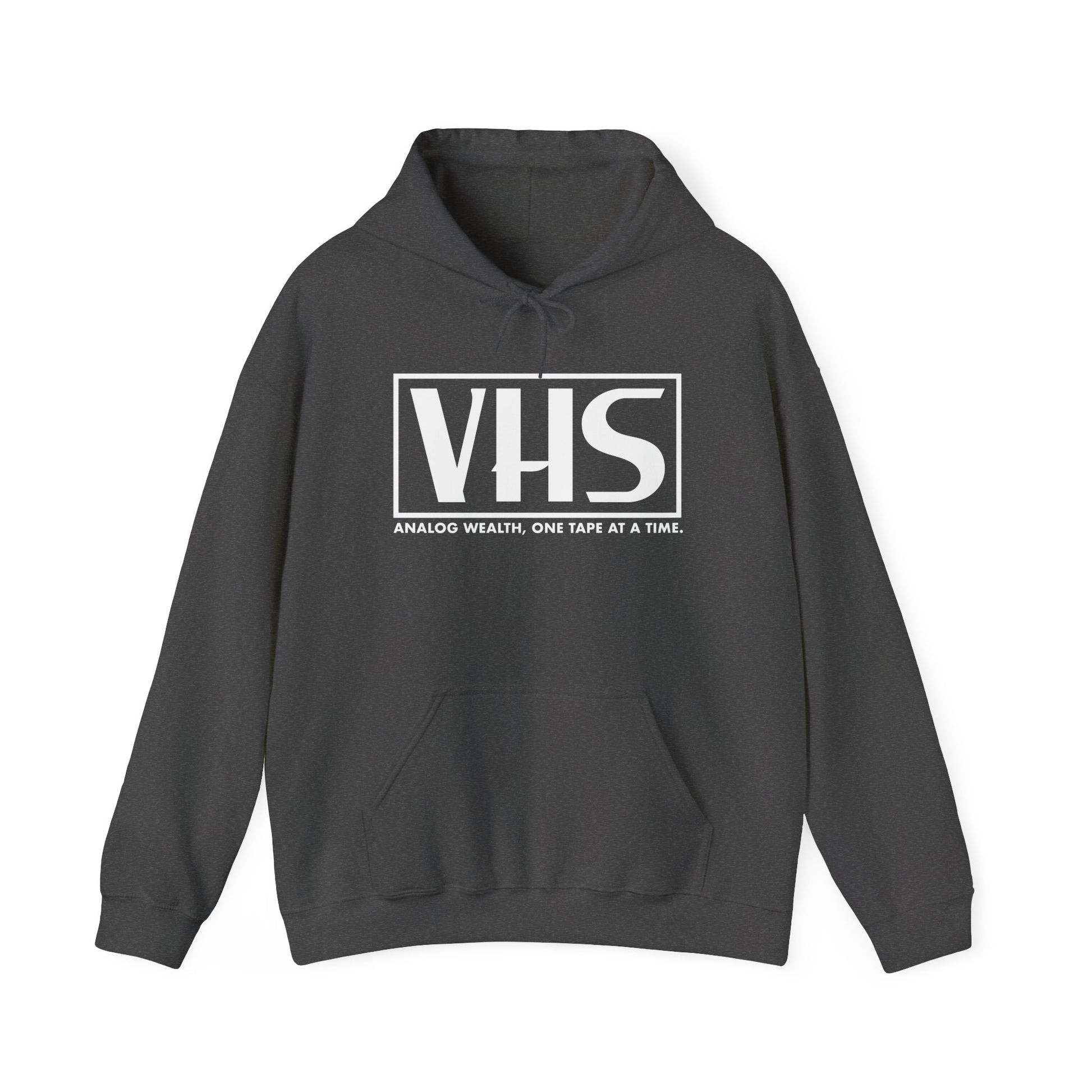 gray hoodie featuring VHS analog wealth design in white
