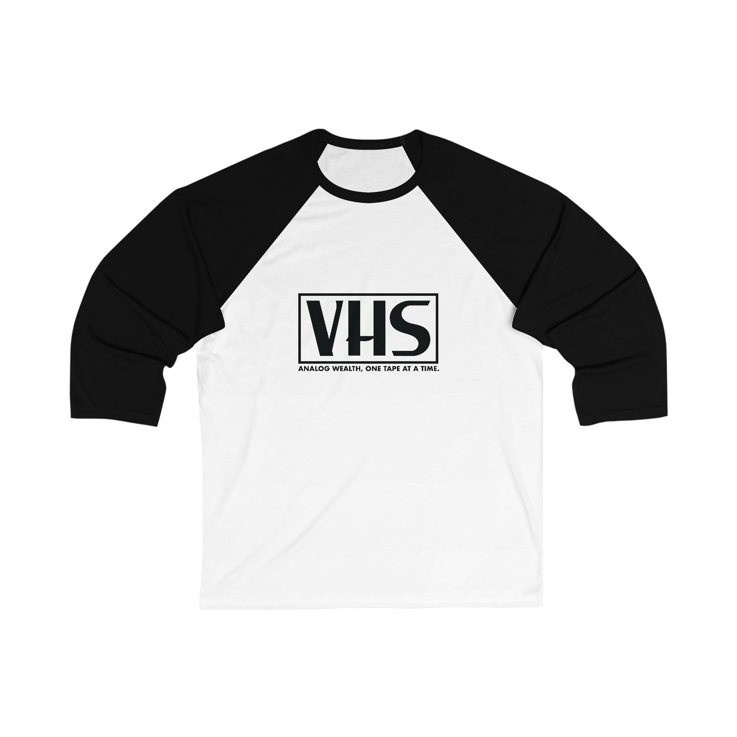 white baseball tee with black sleeves featuring VHS analog wealth design in black