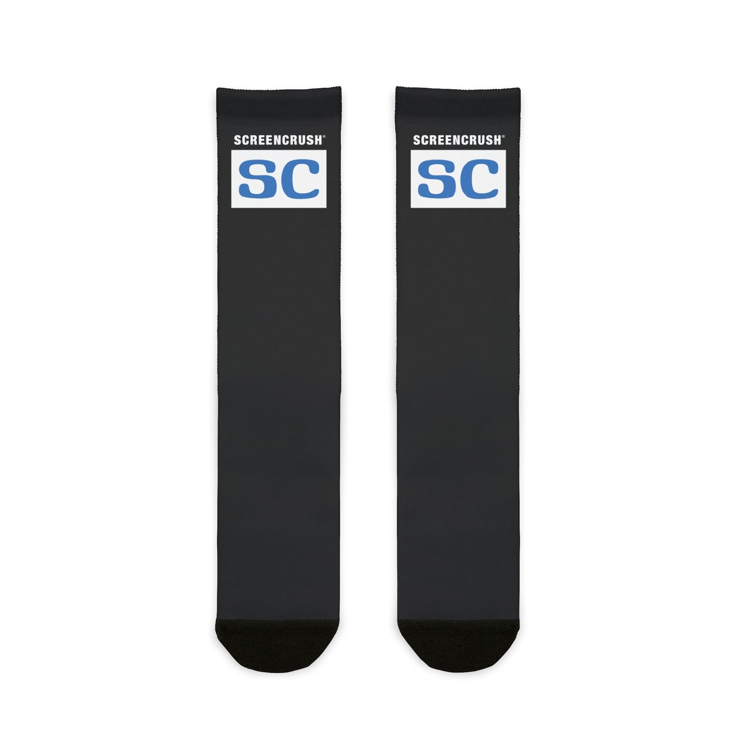 black crew socks with black heel and toe and white box with blue SC ScreenCrush rating design