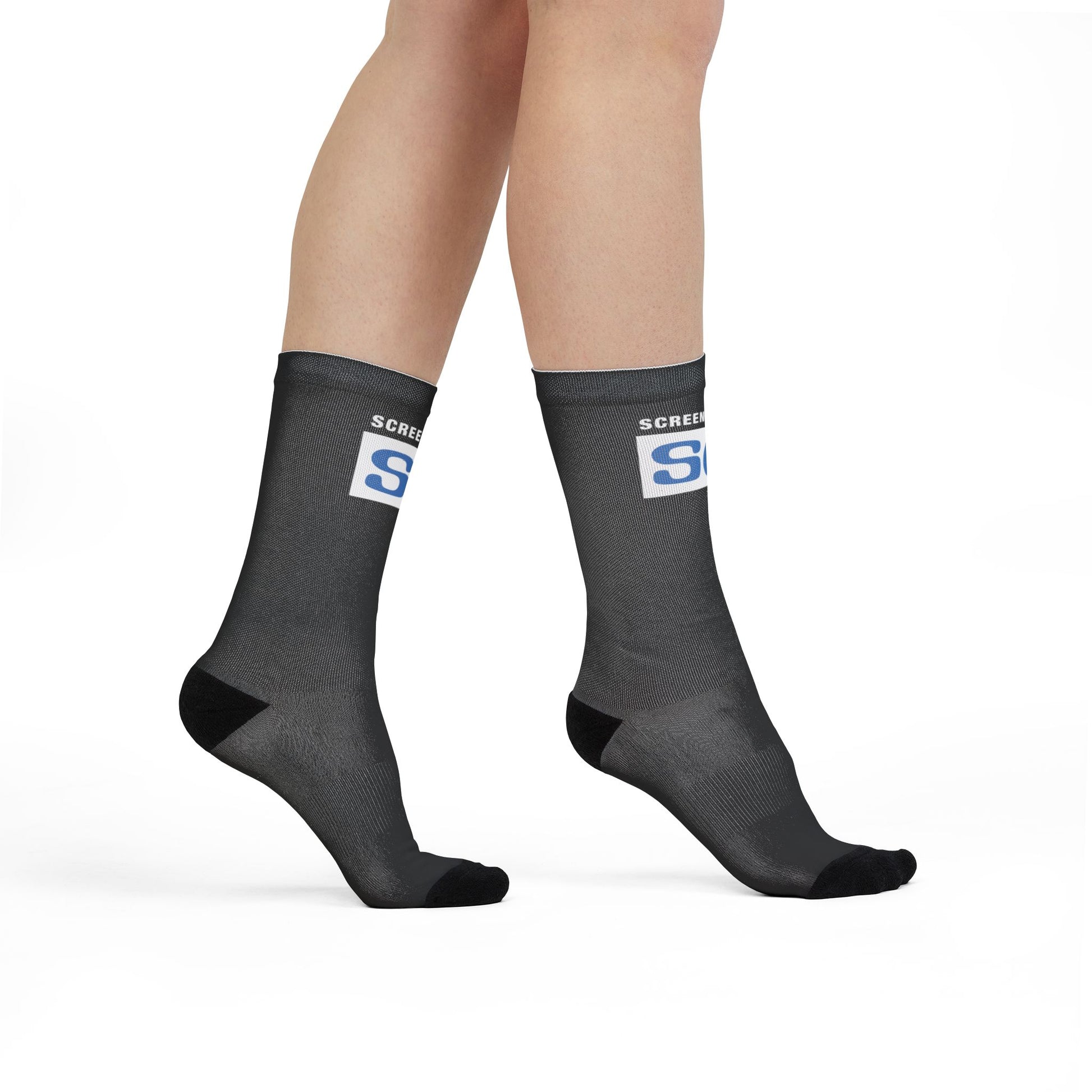 black crew socks with black heel and toe and white box with blue SC ScreenCrush rating design shown on feet