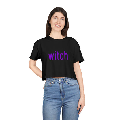 cropped black t shirt with witch in purple shown on model