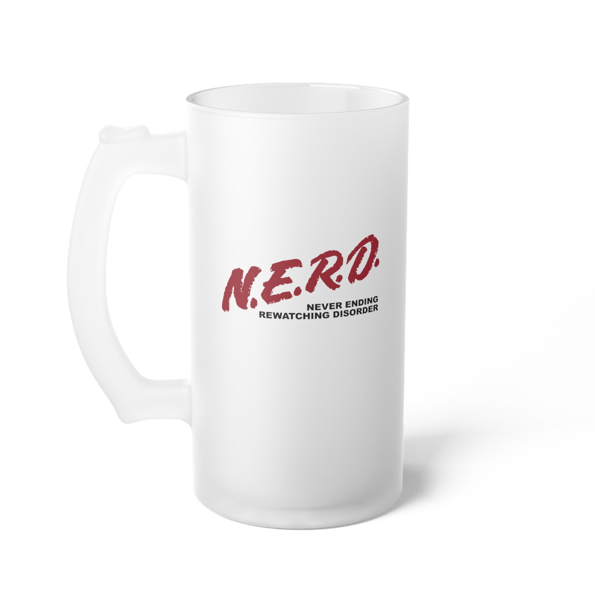 frosted glass stein  with red design that says nerd