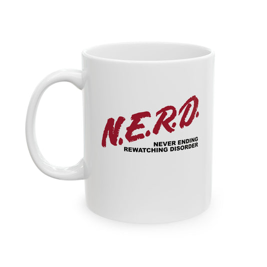 white coffee mug featuring nerd design in red