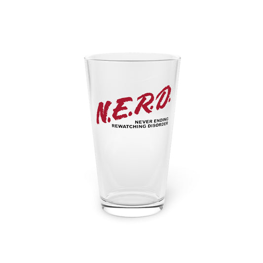 16 ounce pint glass featuring nerd design in red