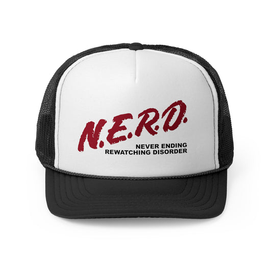 trucker hat with black mesh and bill and white front panel that features red nerd design shown from the front