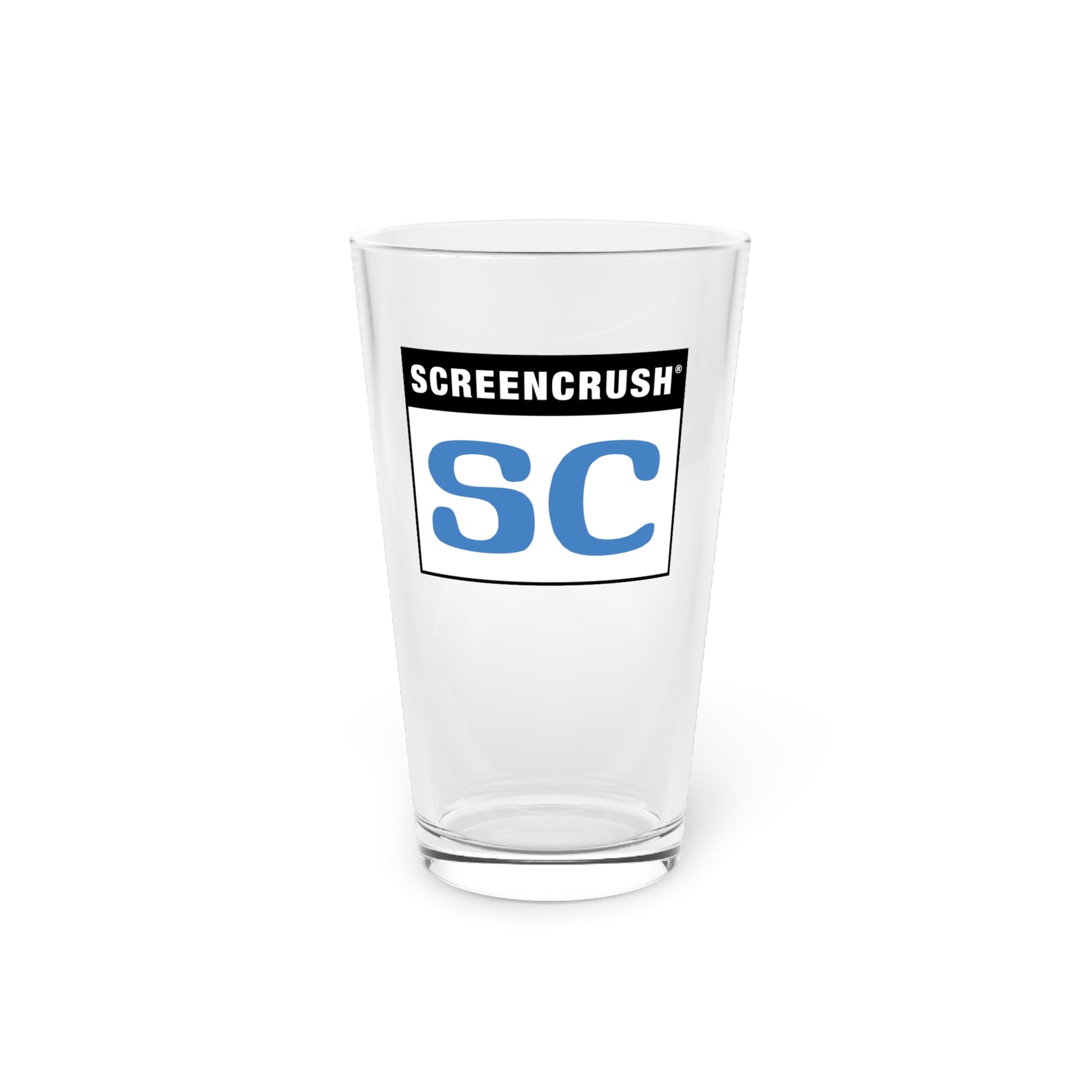 pint glass with black and white box with blue SC ScreenCrush rating design