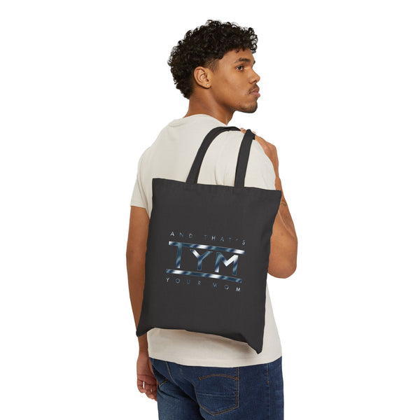 black tote bag featuring TYM and that's your mom chrome blue design 