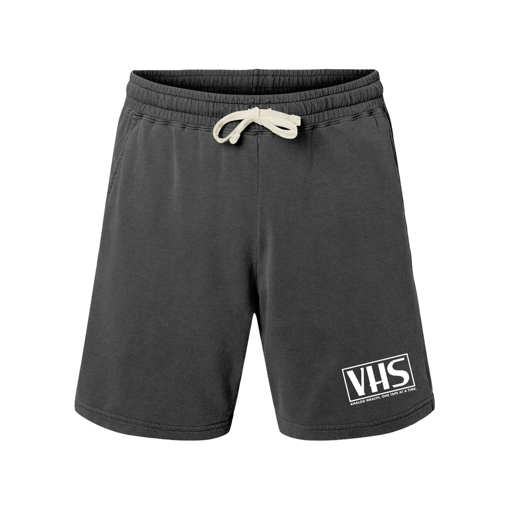 pepper gray sweat shorts featuring white analog wealth vhs design on the lower left side