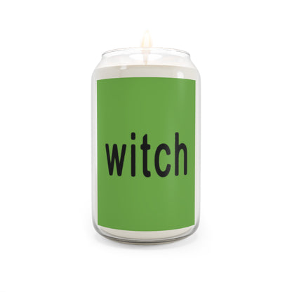 clear cable with white wax candle and green square with black words saying witch in the style of brat