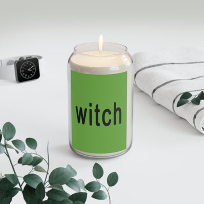 clear cable with white wax candle and green square with black words saying witch in the style of brat