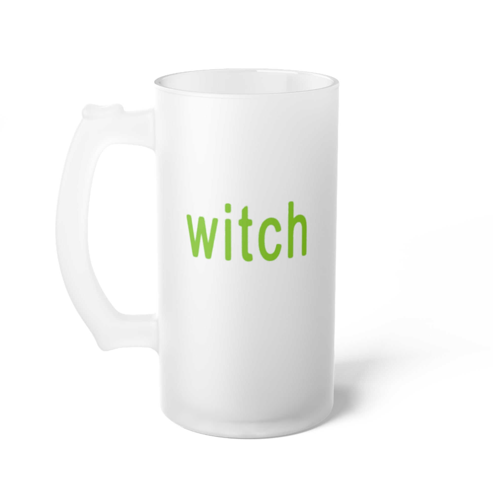 frosted glass stein that has brat-inspired witch logo 