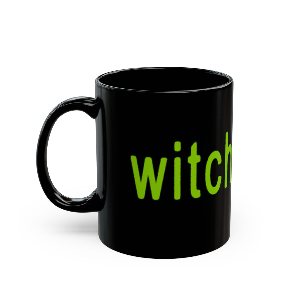 black coffee mug with witch design in style go brat